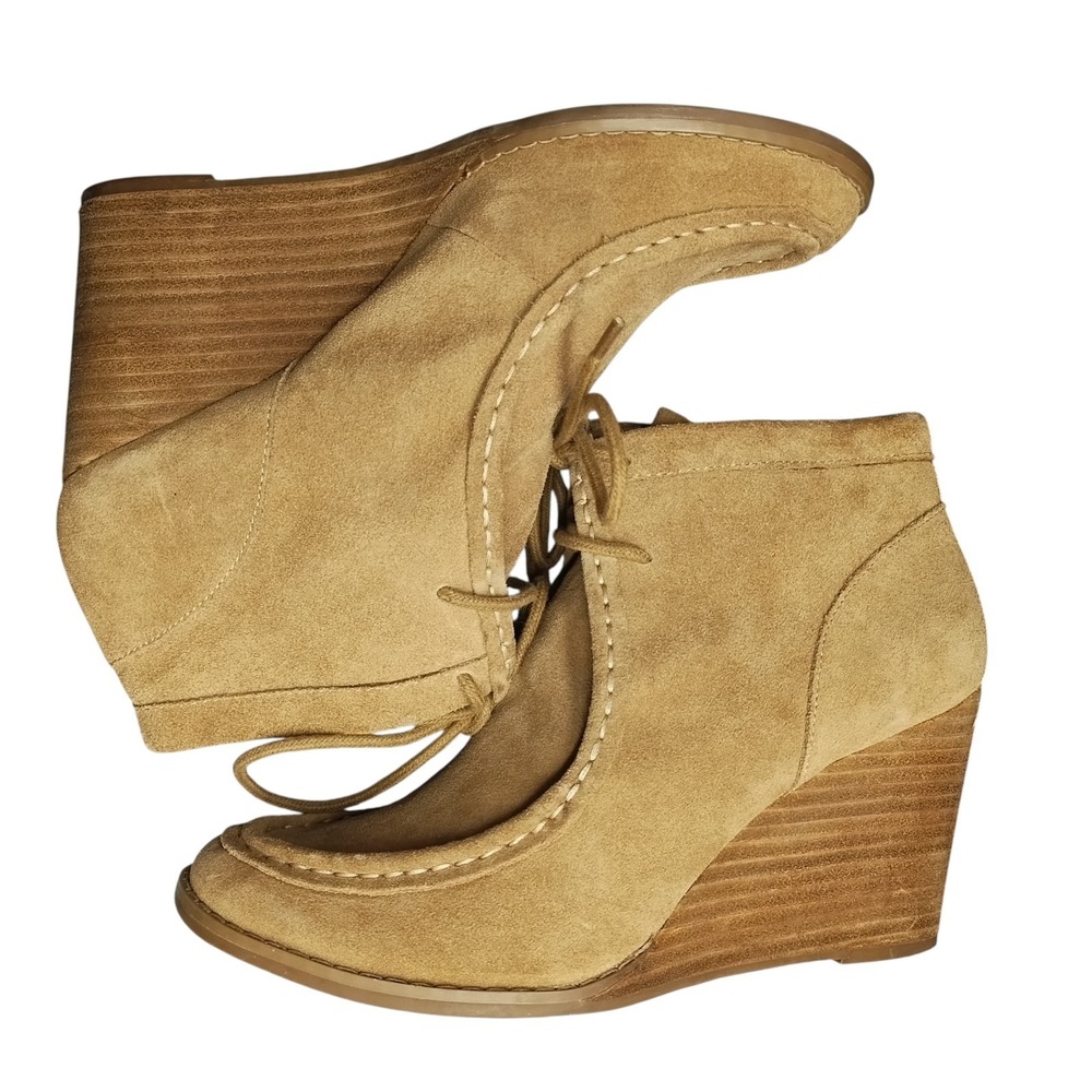 Lucky Brand Ysabel Wedge Booties Womens Size 9.5M Brown Upper Leather Lace Up